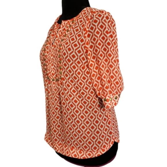 41 Hawthorn Stitch Fix Semi Sheer Geo Orange Ivory Swifty Studded Blouse Sz M - Picture 5 of 8